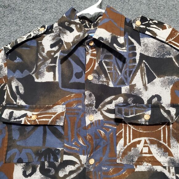VTG Waltah Clarke's Hawaiian Shirt Mens M/L Floral Geometric Leaf AOP Button Up - Picture 1 of 10